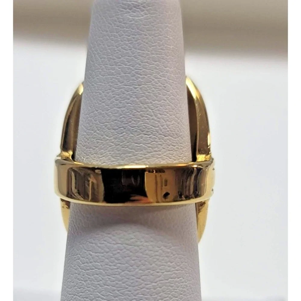 Gold Tone SS Black Cabochon Cocktail Ring Womens Size 5.75 Oval Scroll Statement